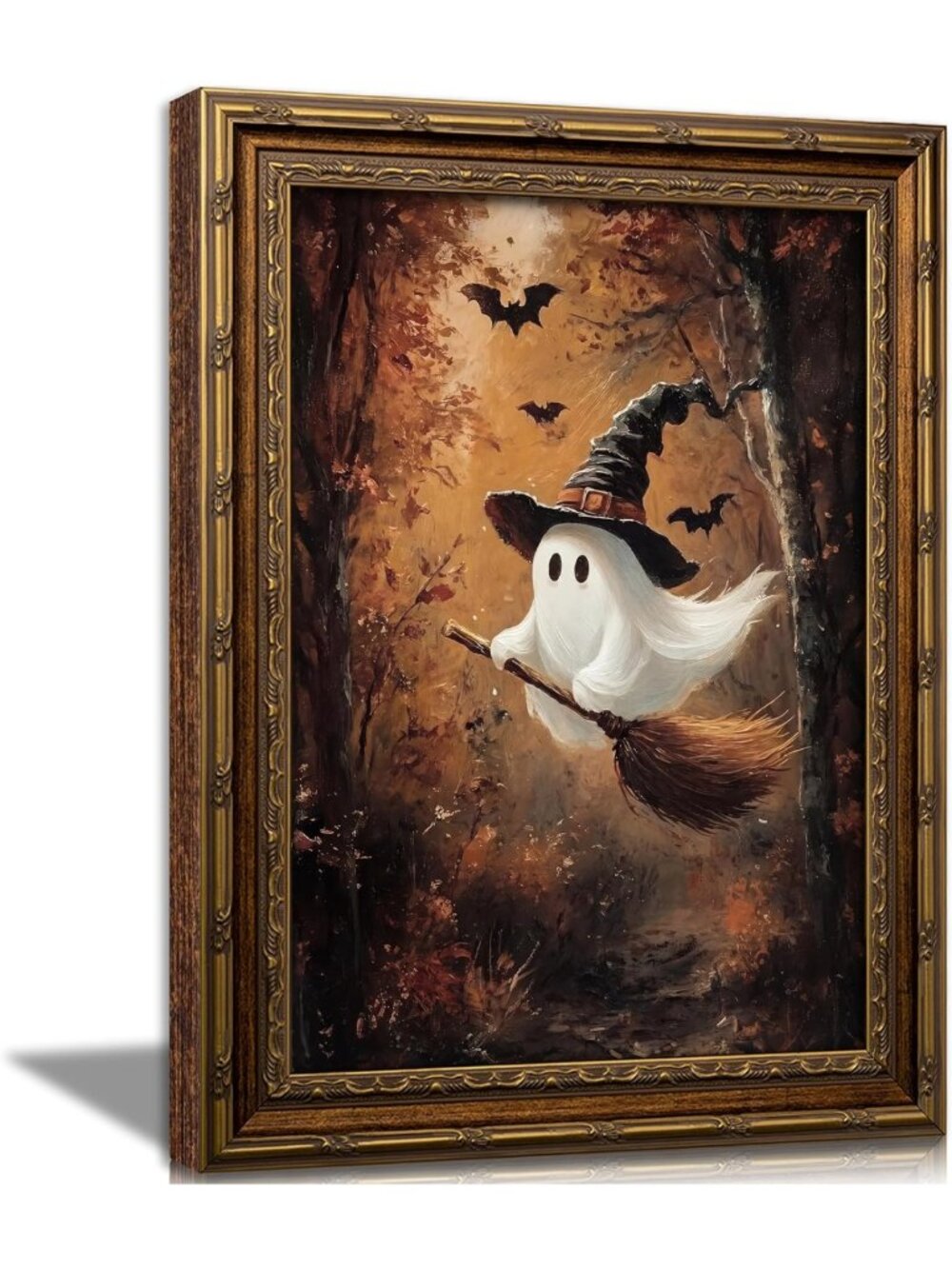 Vintage Gold Framed Ghost Wall Art | Dark Academia Bat Canvas Print for Fall